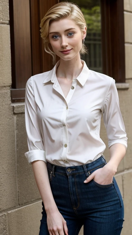 Elizabeth Debicki dressed in casual and elegant clothes with a sexy smile