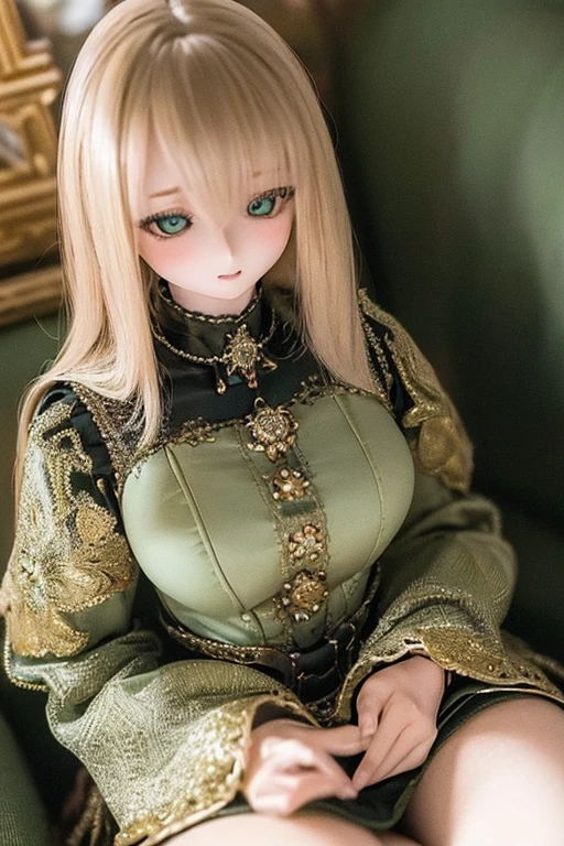 photorealistic, realistic photo, ((highest quality)), ((masterpiece)), (extremely detailed), kukolnydom, doll, (mature woman:1.6), solo, eye level shot, sitting on sofa, hands on knees, green eyes, (looking down, blank eyes, empty eyes, detailed eyes:1.3), light smile, dress, museum, 8k
