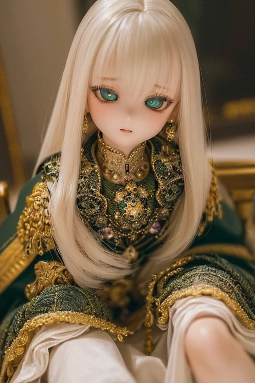 photorealistic, realistic photo, ((highest quality)), ((masterpiece)), (extremely detailed), kukolnydom, doll, (mature woman:1.6), solo, eye level shot, sitting on sofa, hands on knees, green eyes, (looking down, blank eyes, empty eyes, detailed eyes:1.3), light smile, dress, museum, 8k