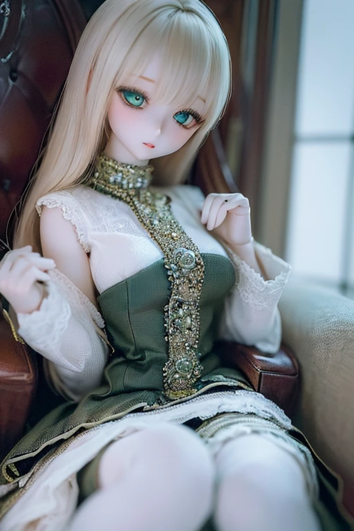 photorealistic, realistic photo, ((highest quality)), ((masterpiece)), (extremely detailed), kukolnydom, doll, (mature woman:1.6), solo, eye level shot, sitting on sofa, hands on knees, green eyes, (looking down, blank eyes, empty eyes, detailed eyes:1.3), light smile, dress, museum, 8k
