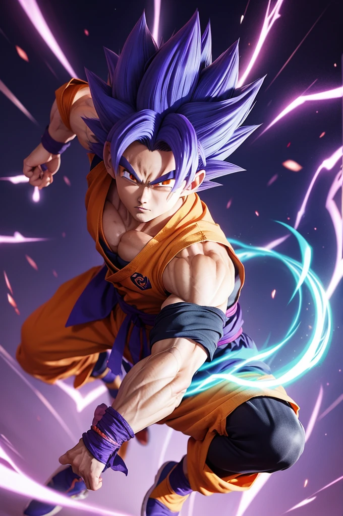 create a new Saiyan style of anime cartoon Goku with purple and blue hair