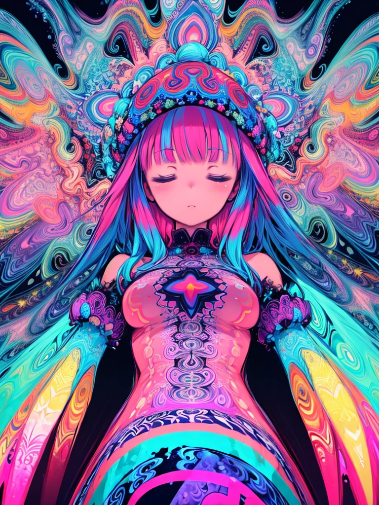 (Psychedelic Art:1.5), (From below:1.2), Complicated Dress, Upper Body, close your eyes, One Girl、