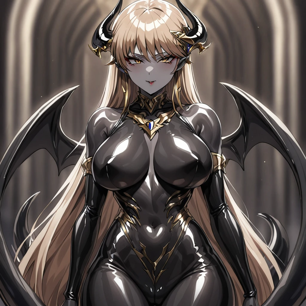 ((Highest quality)), ((masterpiece)), (detailed), (Perfect Face)、The woman is a sexy devil with jet black skin、The woman is a jet-black female demon with magnificent devil horns, jet-black devil wings, and a jet-black tail. Her skin is jet-black and she is wearing a seductive shiny black bodysuit decorated with gold. She is the jet-black demon Princess Leona, with medium-long light brown hair, and is a demon in both body and mind.、The woman is the wife of a dignified and powerful demon king, her beloved husband.