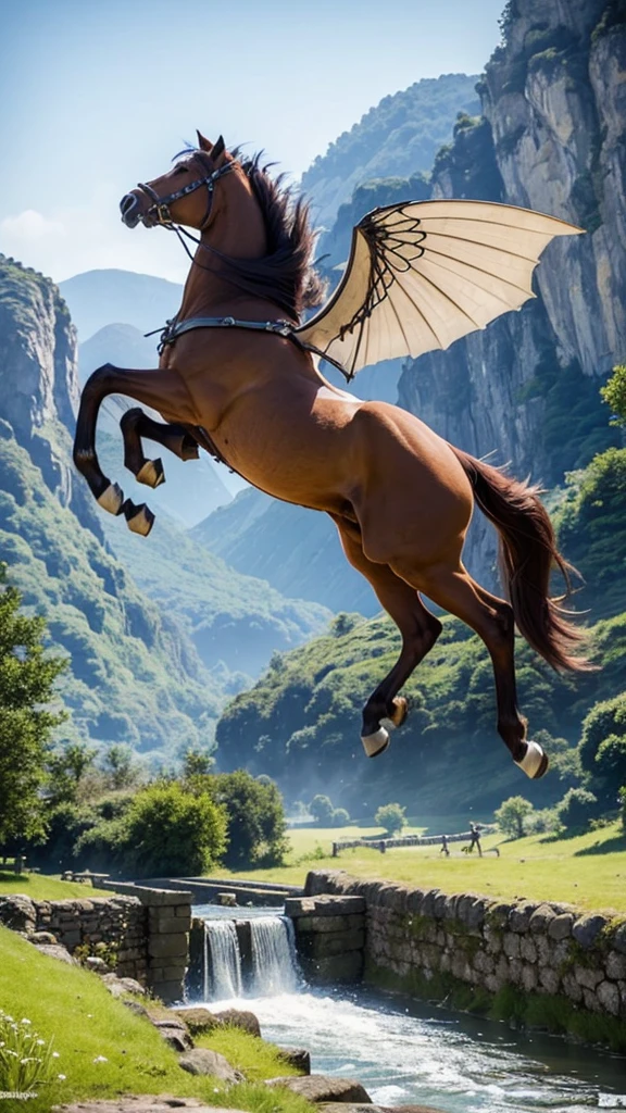 Huge and beastly horse, wide, with wings, jumping over a river between two stone walls