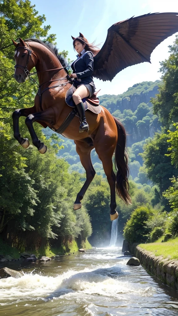 Huge and beastly horse, wide, with wings, jumping over a river between two stone walls
