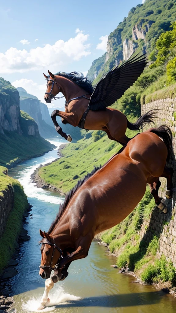 Huge and beastly horse, wide, with wings, jumping over a river between two stone walls