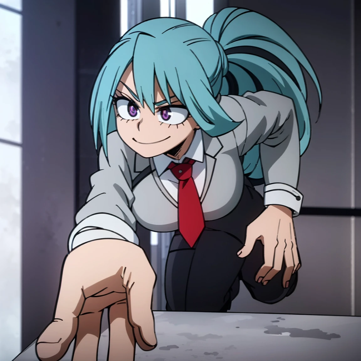 1girl, female focus, solo, big breasts, long hair, ponytail hair, aquamarine hair, sky blue hair highlights, violet eyes, smirk, gray jacket, red tie, white shirt, teal skirt, gray tights, boots