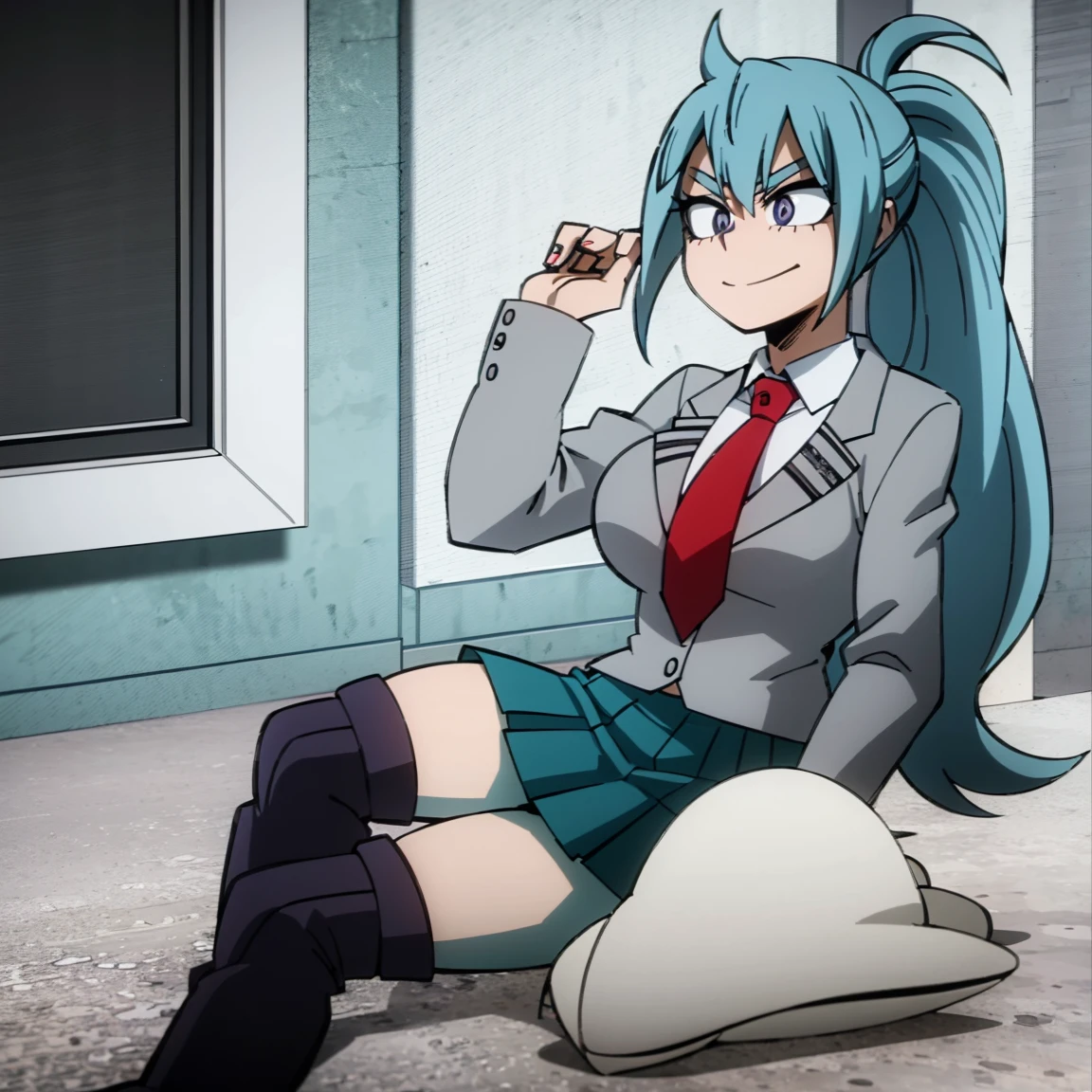 1girl, female focus, solo, big breasts, long hair, ponytail hair, aquamarine hair, sky blue hair highlights, violet eyes, smirk, gray jacket, red tie, white shirt, teal skirt, gray tights, boots