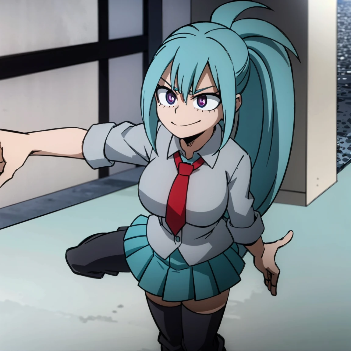 1girl, female focus, solo, big breasts, long hair, ponytail hair, aquamarine hair, sky blue hair highlights, violet eyes, smirk, gray jacket, red tie, white shirt, teal skirt, gray tights, boots