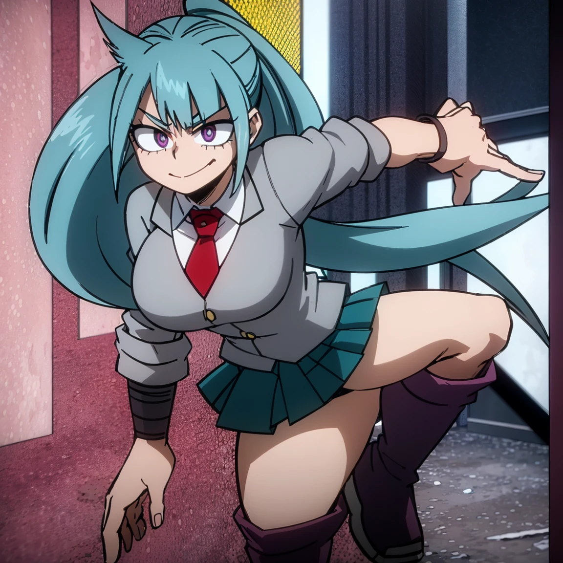 1girl, female focus, solo, big breasts, long hair, ponytail hair, aquamarine hair, sky blue hair highlights, violet eyes, smirk, gray jacket, red tie, white shirt, teal skirt, gray tights, boots