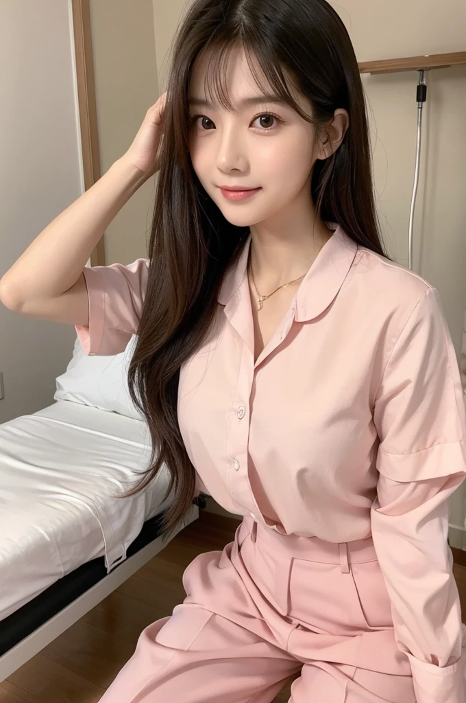 Hospital room, nurse, ((full body)), ((photo)), ((best qualtiy, 8K, tmasterpiece: 1.3)), Focus: 1.2, perfect figure beautiful girl: 1.4, 1girl, cowboy shot, look at viewer, eyes facing the camera, incredibly absurd, beautiful and cute girl with a photorealistic face, showcasing top-quality craftsmanship, Japanese woman taking care of patients in a hospital room, 23 years old, long hair parted in the middle, long layered bangs, silky hair quality, thick and voluminous style, beautiful features, amber eyes, long eyelashes, thin eyebrows, beautiful bridge of the nose, small nose, plump and elegant pink lips, fair skin, high cheekbones, cute smile, clean jawline, beautiful nape, long neck, 163cm height, long limbs, delicate, slender, well-balanced proportions, beautiful C-cup breasts, pink blouse and pink pants nurse uniform, nurse shoes, gold ring and necklace, beautiful, neat, refined, elegant, soothing, pretty older sister, long legs, kind, strong-willed, passionate, proactive, hardworking, gains the trust of those around her, October