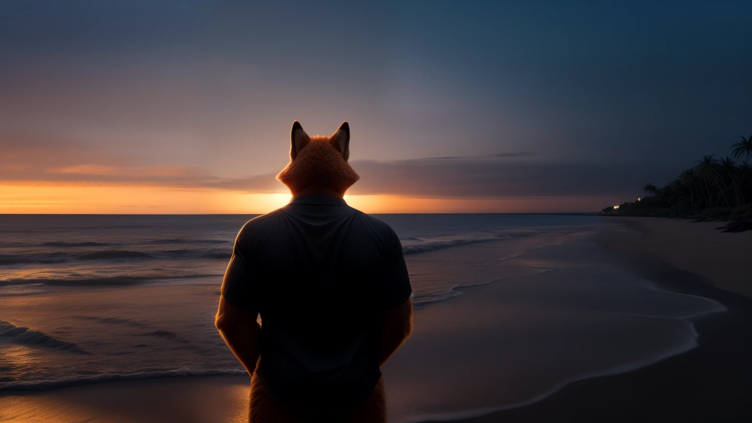 An adult man in his 30s wearing a fox fur suit alone outdoors on the background of a beach, turning your back to the camera, (full body), ((robust)), big arms, Tall Man, arms with black fur, ((black beach shirt, a black short)). On a very clear illuminated evening, with very few orange clouds, some islands in the distance