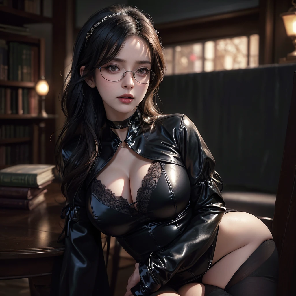 1 GIRL, solo,a beautiful milf with huge breasts, wearing round glasses, sitting on a table in a library, wearing tight black latex stockings that dig into her juicy thighs, wearing a choker collar that strongly compresses her neck, her tongue sticking out and eyes rolled up, (best quality,4k,8k,highres,masterpiece:1.2),ultra-detailed,(realistic,photorealistic,photo-realistic:1.37),detailed eyes,detailed lips,extremely detailed face,long eyelashes,elegant mature woman,seductive pose,intense expression,chiaroscuro lighting,moody atmosphere,dramatic shadows,rich colors,cinematic,portrait