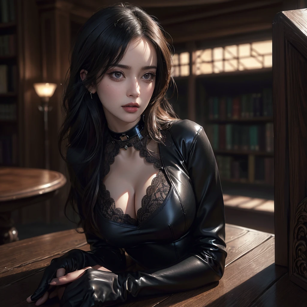 1 GIRL, solo,a beautiful milf with huge breasts, wearing round glasses, sitting on a table in a library, wearing tight black latex stockings that dig into her juicy thighs, wearing a choker collar that strongly compresses her neck, her tongue sticking out and eyes rolled up, (best quality,4k,8k,highres,masterpiece:1.2),ultra-detailed,(realistic,photorealistic,photo-realistic:1.37),detailed eyes,detailed lips,extremely detailed face,long eyelashes,elegant mature woman,seductive pose,intense expression,chiaroscuro lighting,moody atmosphere,dramatic shadows,rich colors,cinematic,portrait