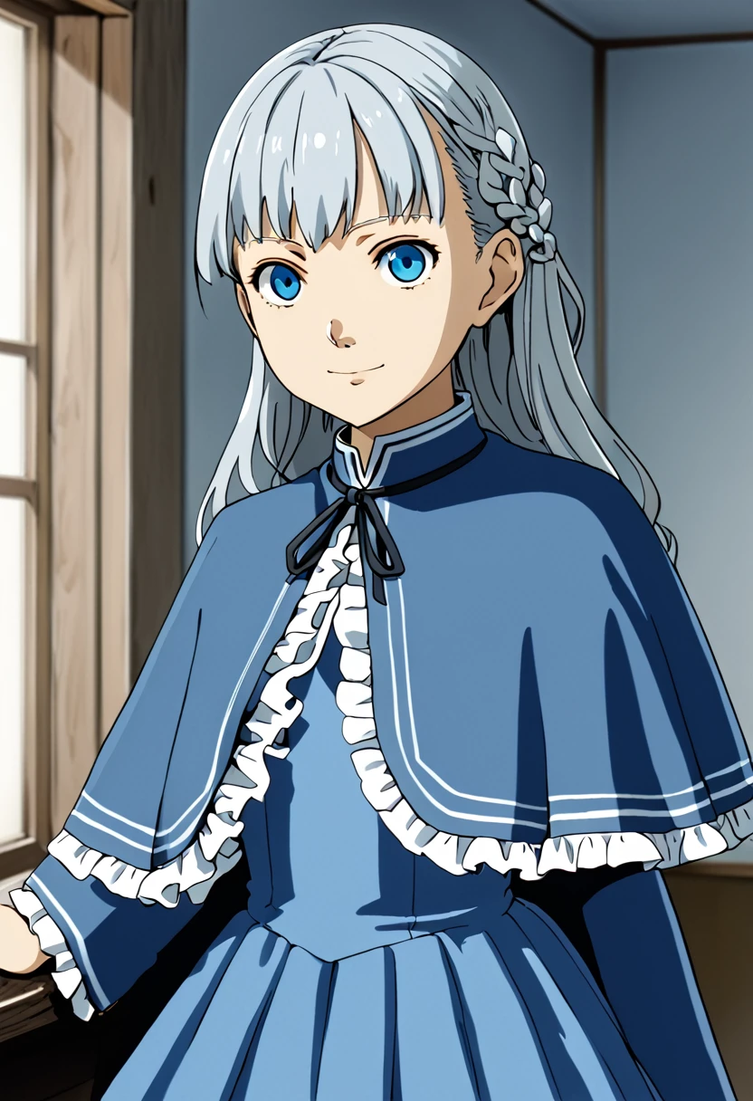 score_9, score_8_up, source_anime,
asanagi, by muk \(monsieur\)
BREAK,
1girl,lawine, grey hair, blue eyes,
blue dress, capelet, frills, long sleeves,
looking at viewer, slight smile,
indoors