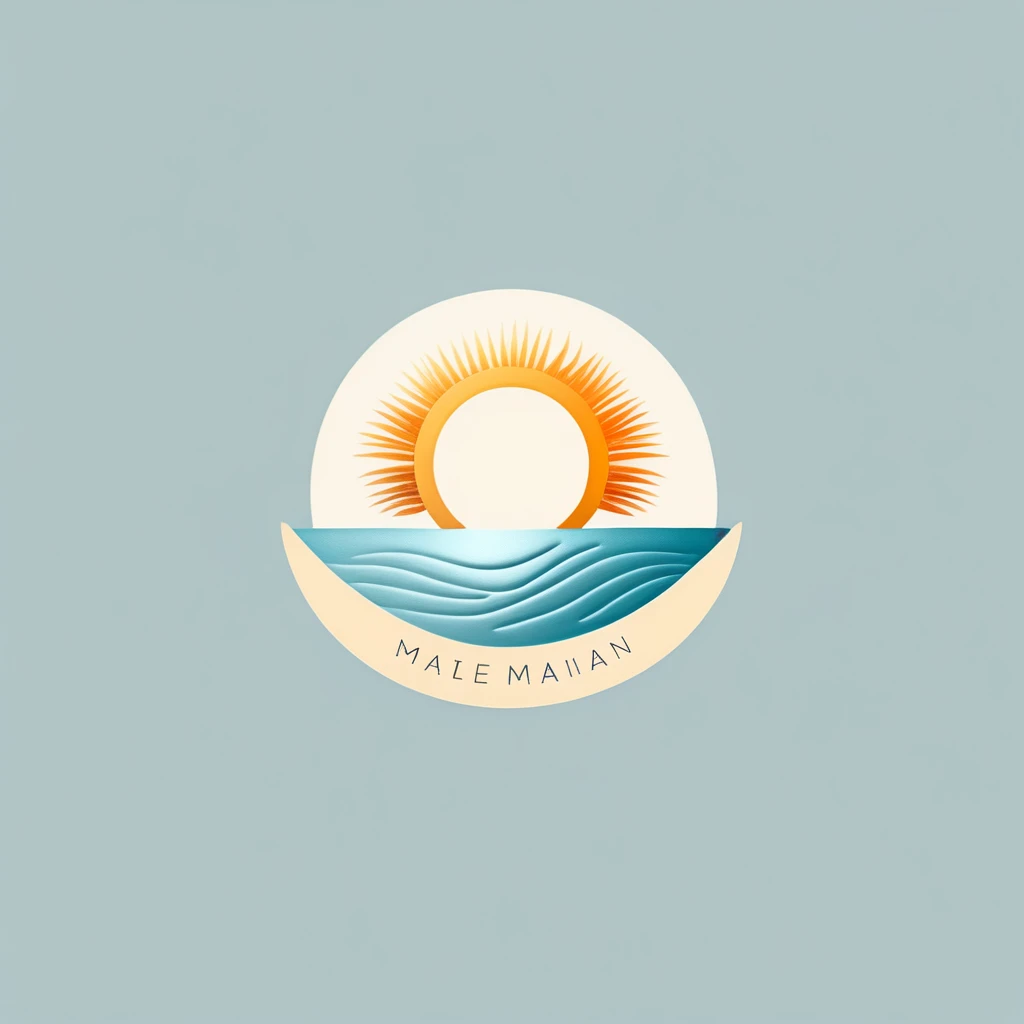 minimalist and modern logo for "Maite Haizean", a wellness lifestyle blog. The logo should feature Caribbean blue, light yellow, and soft orange colors. Incorporate natural elements such as a sun, waves, and tropical leaves. Use a handwriting font to convey an easy-going, inspirational, and slightly luxurious mood. The design should appeal to women aged 25-45 who are seeking stress relief, self-care, and a wellness lifestyle. The logo should reflect themes of nature, travel, and community.