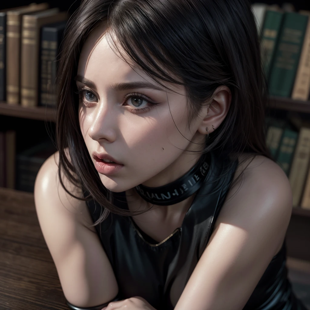 1 GIRL, solo,a beautiful milf with huge breasts, wearing round glasses, sitting on a table in a library, wearing tight black latex stockings that dig into her juicy thighs, wearing a choker collar that strongly compresses her neck, her tongue sticking out and eyes rolled up, (best quality,4k,8k,highres,masterpiece:1.2),ultra-detailed,(realistic,photorealistic,photo-realistic:1.37),detailed eyes,detailed lips,extremely detailed face,long eyelashes,elegant mature woman,seductive pose,intense expression,chiaroscuro lighting,moody atmosphere,dramatic shadows,rich colors,cinematic,portrait