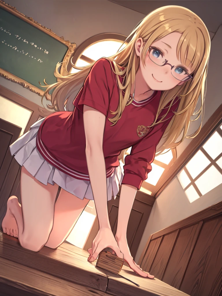 (Small box:1.3),(masterpiece, Highest quality:1.4), (beautiful, beautiful, perfection, delicate, Complex:1.2),((Highest quality)), ((masterpiece)), (detailed),(High resolution:1.2), classroom, Adult female, Claudia Shaver smiling, Red Shirt, White Skirt, Glasses, bend over, viewing angle,