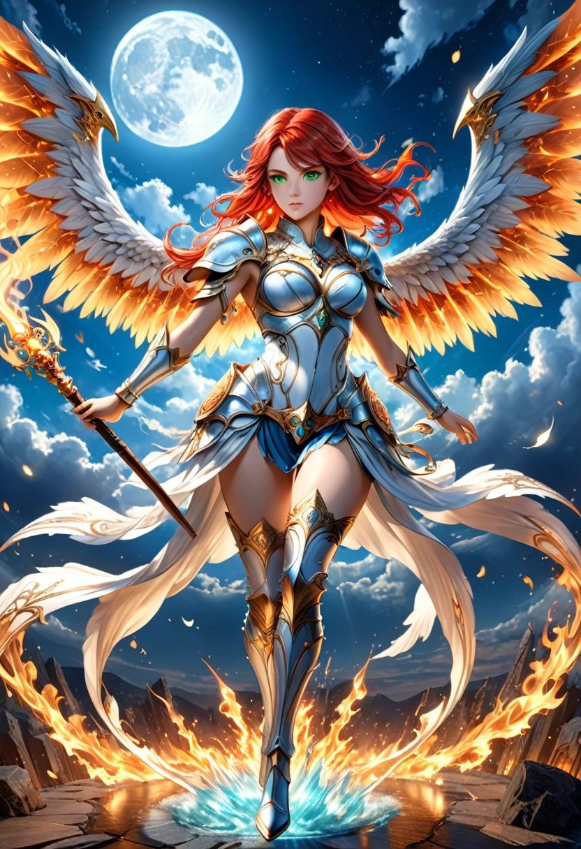 16k, ultra detailed, masterpiece, best quality, (extremely detailed), arafed, dnd art, panoramic view, full body, aasimar, female, (Masterpieceת intense details:1.3), female, sorceress, casting flaming spell(Masterpieceת intense details:1.3) large angelic wings, (azure: 1.3) angelic wings spread (Masterpieceת intense details:1.3), fantasy magical heaven background (Masterpieceת intense details:1.3), moon, stars, clouds, wearing white armor (Masterpieceת intense details:1.3), high heeled boots (Masterpieceת intense details:1.3), armed with staff, (red hair: 1.4), (green eyes: 1.4), intense eyes, ultra feminine, ultra detailed face, (Masterpieceת intense details:1.5), (anatomically correct: 1.5), determined face, divine light, cinematic lighting, soft light, silhouette, photorealism, panoramic view ((Masterpieceת intense details:1.3) , Wide-Angle, Ultra-Wide Angle, 16k, highres, best quality, faize, 3D rendering
