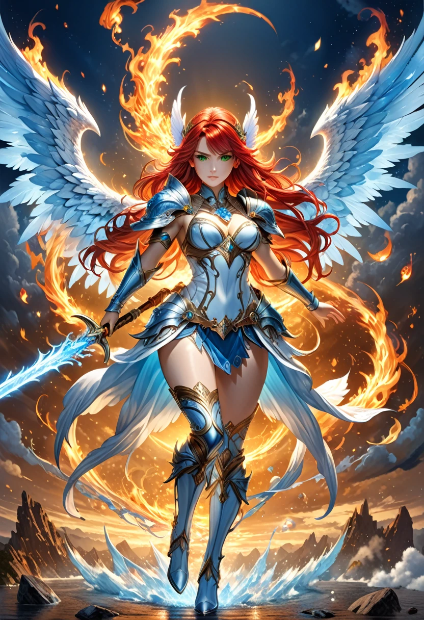 16k, ultra detailed, masterpiece, best quality, (extremely detailed), arafed, dnd art, panoramic view, full body, aasimar, female, (Masterpieceת intense details:1.3), female, sorceress, casting flaming spell(Masterpieceת intense details:1.3) large angelic wings, (azure: 1.3) angelic wings spread (Masterpieceת intense details:1.3), fantasy magical heaven background (Masterpieceת intense details:1.3), moon, stars, clouds, wearing white armor (Masterpieceת intense details:1.3), high heeled boots (Masterpieceת intense details:1.3), armed with staff, (red hair: 1.4), (green eyes: 1.4), intense eyes, ultra feminine, ultra detailed face, (Masterpieceת intense details:1.5), (anatomically correct: 1.5), determined face, divine light, cinematic lighting, soft light, silhouette, photorealism, panoramic view ((Masterpieceת intense details:1.3) , Wide-Angle, Ultra-Wide Angle, 16k, highres, best quality, faize, 3D rendering