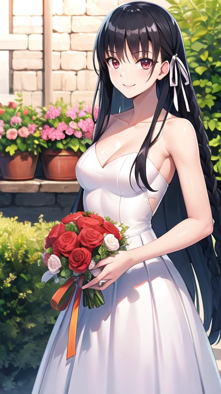 masterpiece, best quality, highres, aasuzune, long hair, black hair, (single braid:1.2), hair ribbon, red eyes, wedding dress, white dress, garden, smile, outdoors, standing, cowboy shot, holding bouquet,