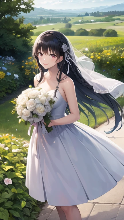 masterpiece, best quality, highres, aasuzune, long hair, black hair, (single braid:1.2), hair ribbon, red eyes, wedding dress, white dress, garden, smile, outdoors, standing, cowboy shot, holding bouquet,