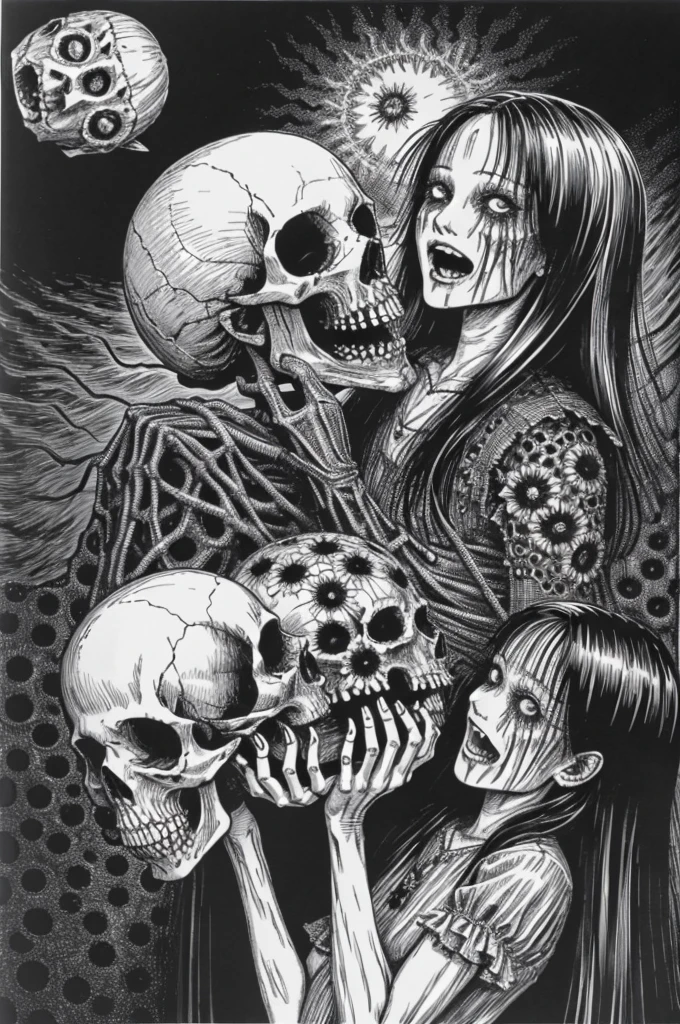 a painting of a woman holding a bunch of skull, disturbing, creepy, gloomy, rotten, by junji ito