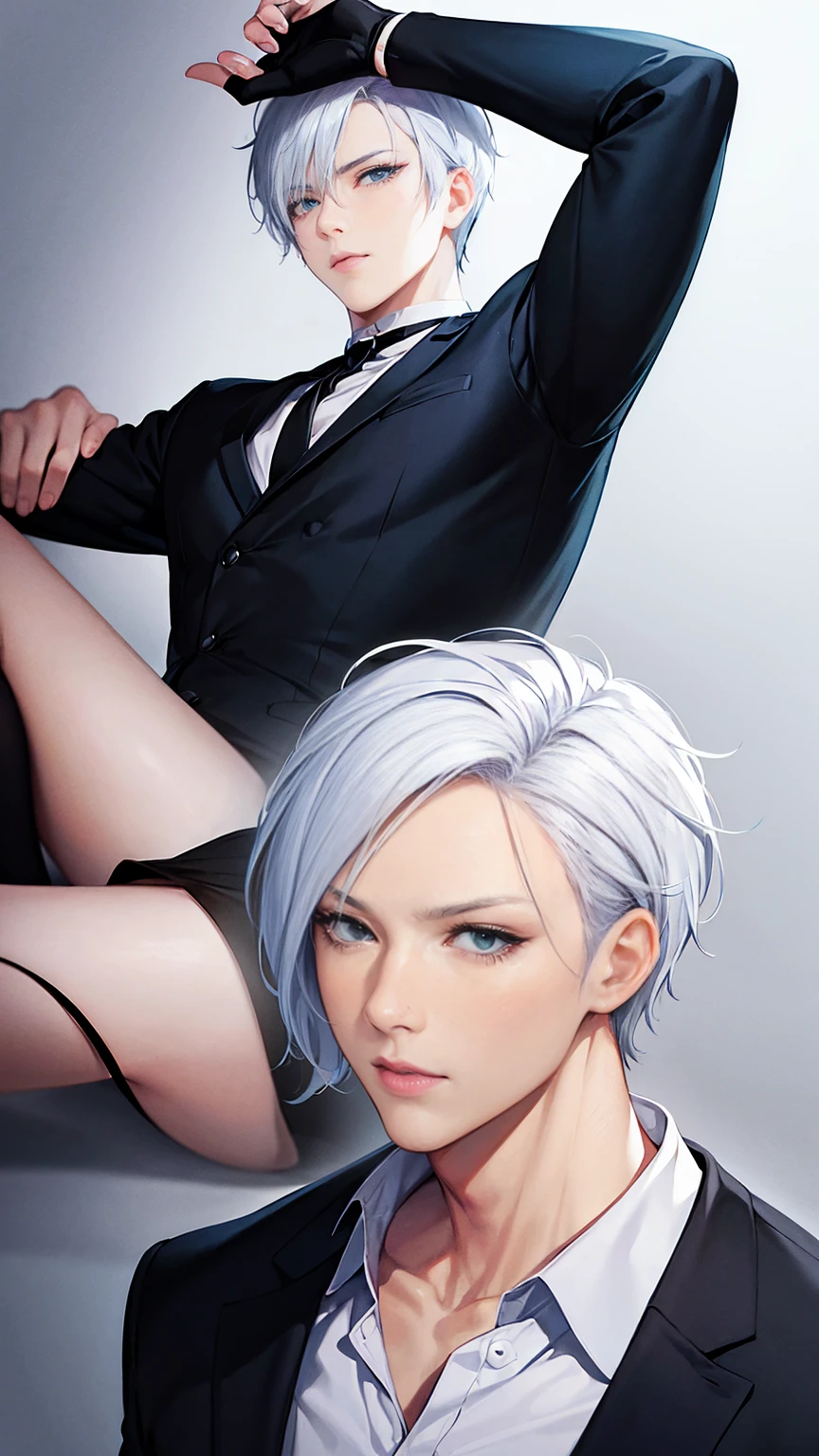 gojo cartoon anime,Handsome.,white hair,black dress,blue eyes