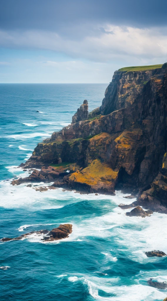 Portray a coastal landscape, where the mountain range stretches out to meet the crashing waves of the sea.. Draw mountains with steep cliffs and lush vegetation., showing off your dramatic presence. Use bold strokes to depict waves, crashing on a rocky shore., capturing the power and energy of the sea. Add seagulls or a lighthouse soaring overhead, perched on a cliff, for additional interest..