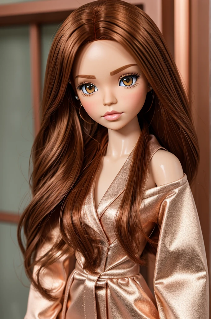 Create a Bratz doll, with copper hair, light brown eyes, clear skin, dressed in graduation clothes 