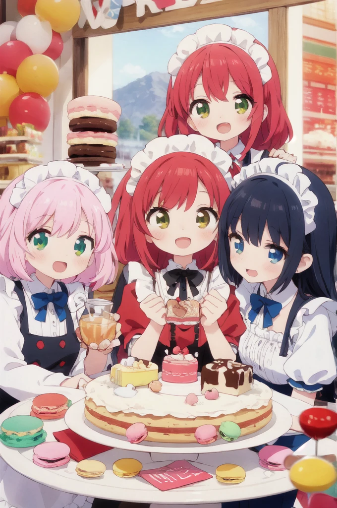 4+ girls, multiple colored hairs, sweet maids, random cute faces, super happy smiling, open mouth, group shot, zoom camera, sweet tea party, lots of cakes, macarons, chocolates, parfaits, cookies, land of sweets