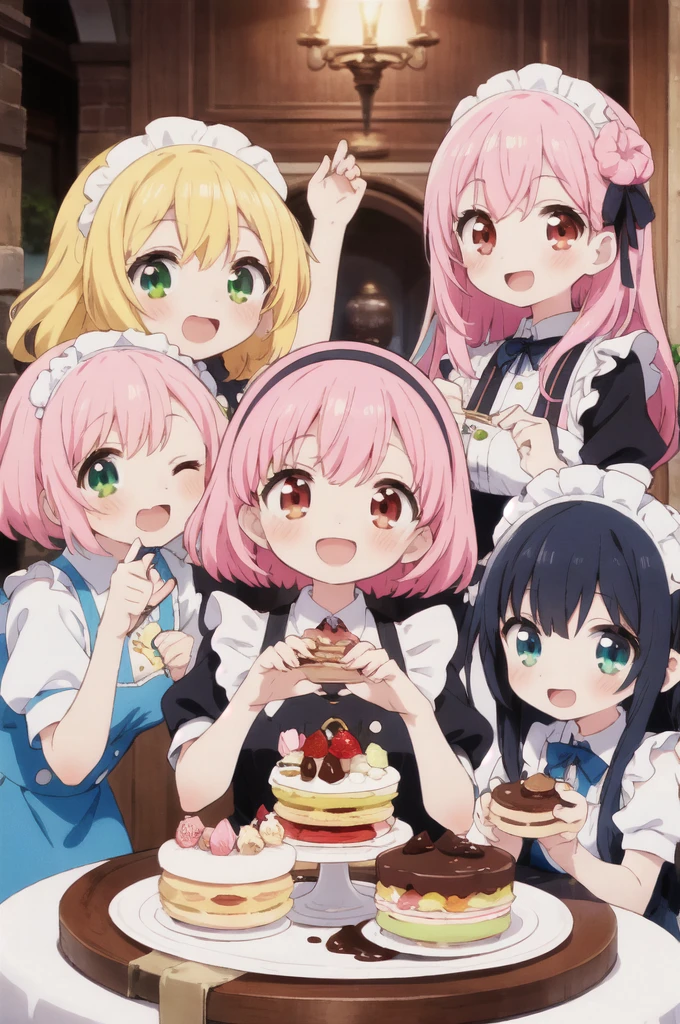 4+ girls, multiple colored hairs, sweet maids, random cute faces, super happy smiling, open mouth, group shot, zoom camera, sweet tea party, lots of cakes, macarons, chocolates, parfaits, cookies, land of sweets