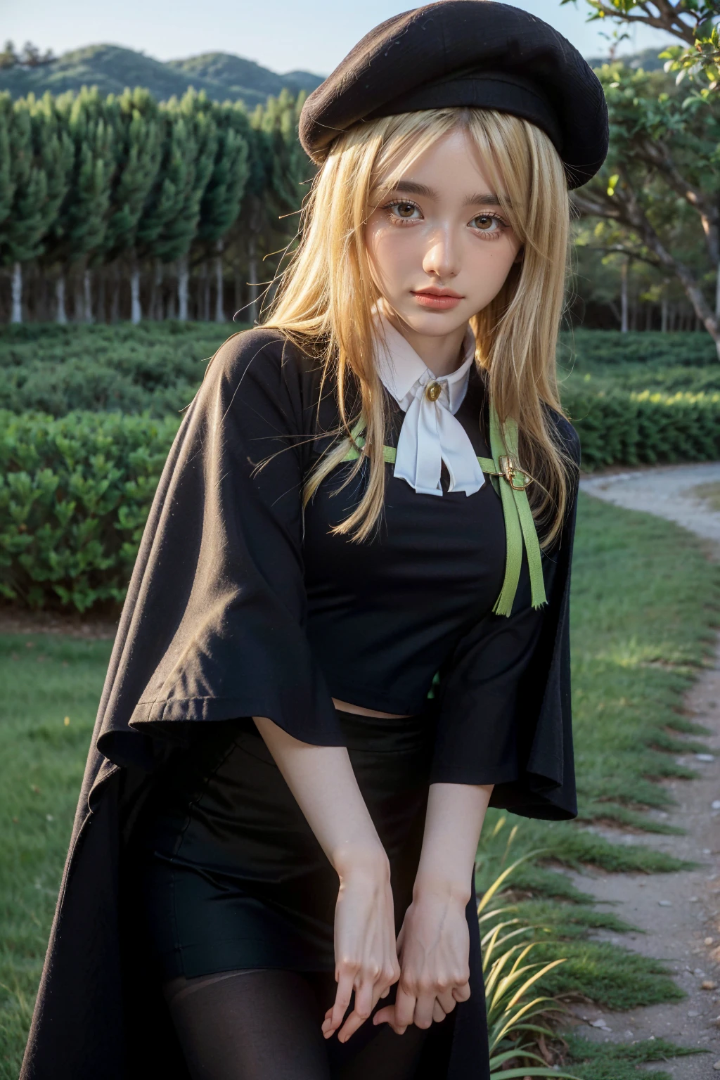 1 girl, best quality, ((Miyo)), tarankaaa, perfect face, beautiful smile, 30 years old, ((ascot,uniform, black skirt, cross, ribbon, gold blonde hair, emerald, beret, cape, pantyhose)), ((perfectly drawn hands)), perfect body, bare tree, bush, fog, forest, grass, nature, outdoors, plant, scenery, solo, standing, tree, 32k photograph, ((perfect eyes, detailed eyes,realistic eyes)), ((sharp face, detailed face, realistic face, natural skin, realistic skin, detailed skin, pores)), full body, tone mapping, asian-european, ((masterpiece)), ((highres)), ((detailed background)), japanese village background, night, big proportions, (abdomen covered)