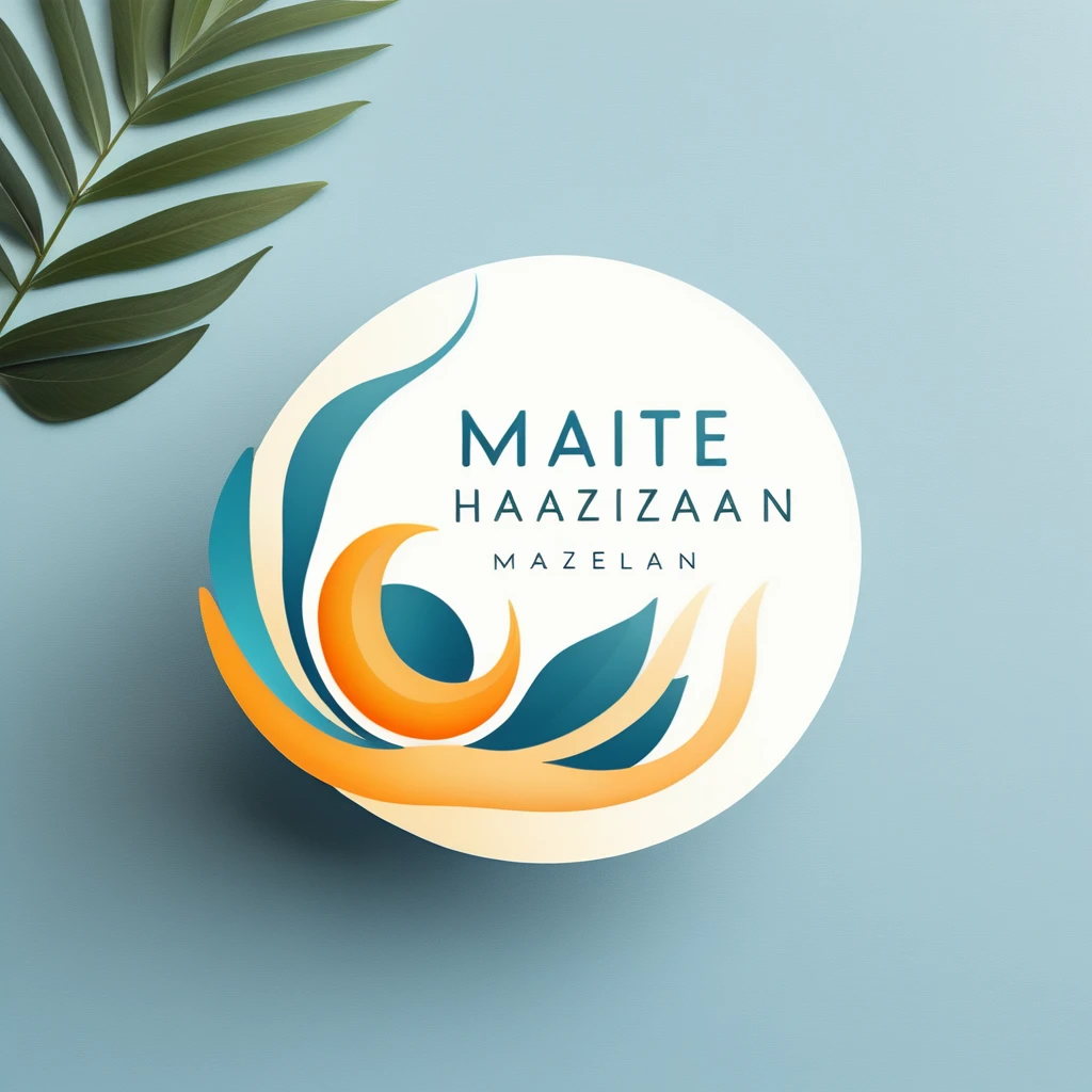 minimalist and modern logo for "Maite Haizean", a wellness lifestyle blog. The logo should feature Caribbean blue, light yellow, and soft orange colors. Incorporate natural elements such as a sun, waves, and tropical leaves. Use a handwriting font to convey an easy-going, inspirational, and slightly luxurious mood. The design should appeal to women aged 25-45 who are seeking stress relief, self-care, and a wellness lifestyle. The logo should reflect themes of nature, travel, and community.