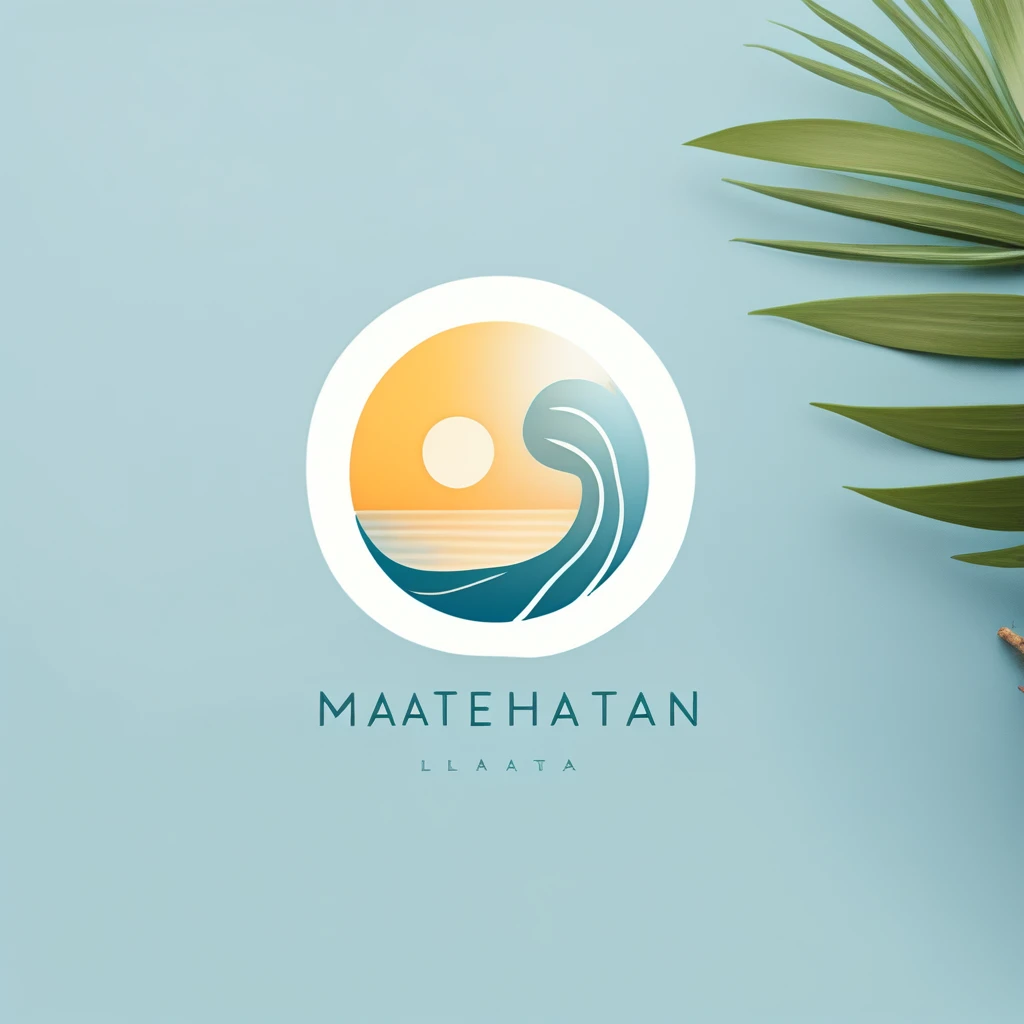 minimalist and modern logo for "Maite Haizean", a wellness lifestyle blog. The logo should feature Caribbean blue, light yellow, and soft orange colors. Incorporate natural elements such as a sun, waves, and tropical leaves. Use a handwriting font to convey an easy-going, inspirational, and slightly luxurious mood. The design should appeal to women aged 25-45 who are seeking stress relief, self-care, and a wellness lifestyle. The logo should reflect themes of nature, travel, and community.