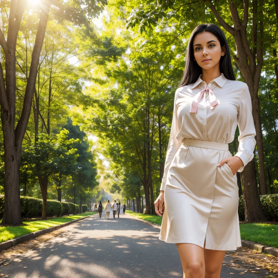 Woman in her 30's,Jehovah's Witness, beautiful Pure and Bright white Skin ((Model)) Jehovah's Witness, She is standing in the middle of many people, Light brown eyes in a state of deep mindless Hypnosis((Hypnotized)),Straight black hair with a dark blue ribbon holding it, very Pure, Body posture with confident and elegant features,(Hypnotic), very detailed face, beautiful eyes, [in good shape],She is wearing a pink beige blouse that highlights her large breasts with a very long green jehovah witness skirt, In a submissive position,, full body from head to toe, Beautiful, (Pure white lighting), realistic, (very detailed skin), Background the street with green trees and many people walking around going about their daily lives(Masterpiece)(Beautiful).
