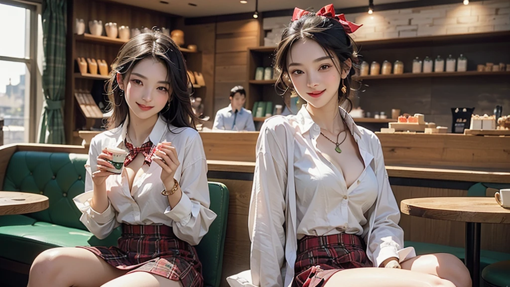 8K、RAW Photos、Highest quality、Super detailed、Super Resolution、Ultra HD、8K壁紙、Amazing details blazer uniform girl ((White blouse with formal collar, A nice red blazer, Black plaid skirt, Red checkered ribbon on blouse)), Complete limbs, Full Finger,
((((Inside the Starbucks store))))、16 year old female student、(((Eat cake、Drink coffee、smile)))、Heart Necklace、Gold bracelet
((Emphasize cleavage))
((((Woman sitting at the window seat))))