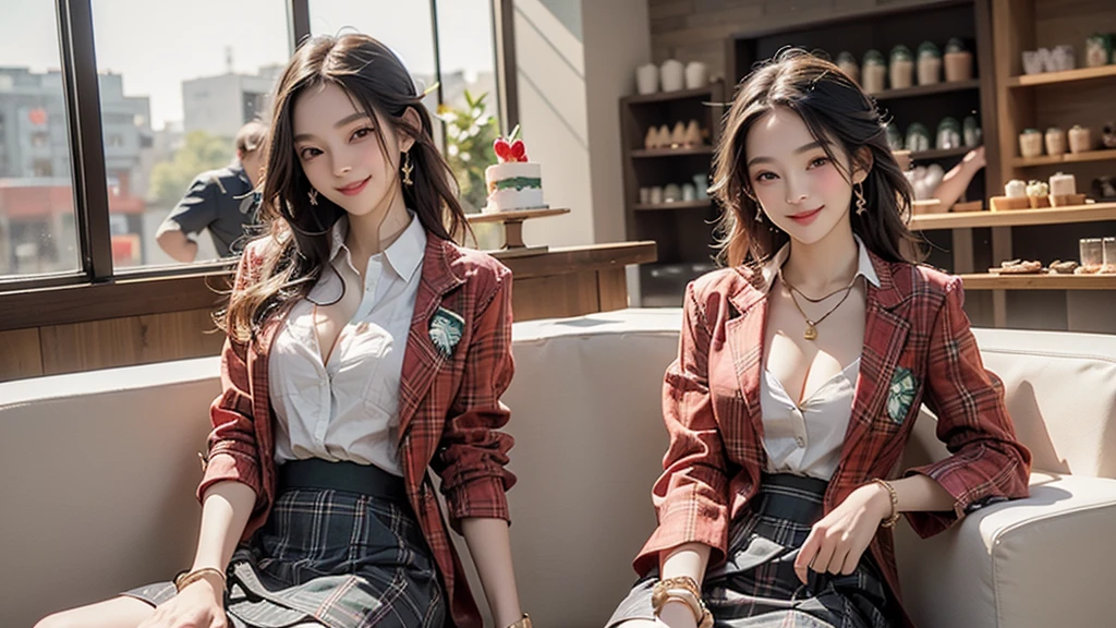 8K、RAW Photos、Highest quality、Super detailed、Super Resolution、Ultra HD、8K壁紙、Amazing details blazer uniform girl ((White blouse with formal collar, A nice red blazer, Black plaid skirt, Red checkered ribbon on blouse)), Complete limbs, Full Finger, 
((((Inside the Starbucks store))))、16 year old female student、(((Eat cake、Drink coffee、smile)))、Heart Necklace、Gold bracelet
((Emphasize cleavage))
((((Woman sitting at the window seat))))
