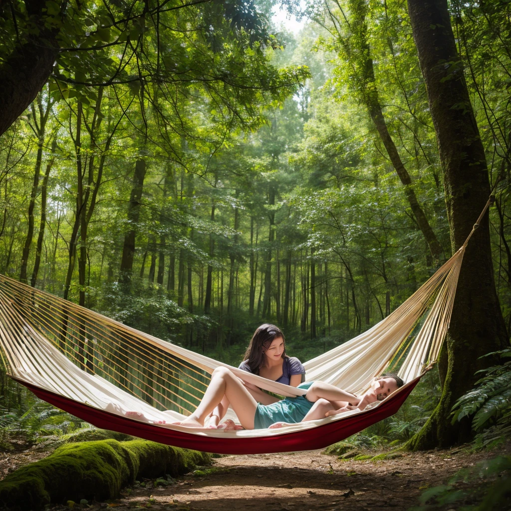 masterpiece, high resolution, girl,Sleeping in a hammock, nightwear, (Travel Lady), forest, wood, mount, tent, picnic, adventure  