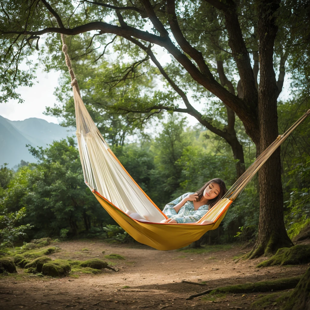 masterpiece, high resolution, girl,Sleeping in a hammock, nightwear, (Travel Lady), forest, wood, mount, tent, picnic, adventure
