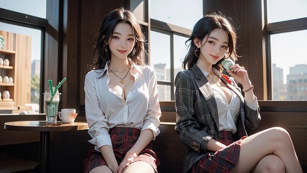 8K、RAW Photos、Highest quality、Super detailed、Super Resolution、Ultra HD、8K壁紙、Amazing details blazer uniform girl ((White blouse with formal collar, A nice red blazer, Black plaid skirt, Red checkered ribbon on blouse)), Complete limbs, Full Finger,
((((Inside the Starbucks store))))、16 year old female student、(((Eat cake、Drink coffee、smile)))、Heart Necklace、Gold bracelet
((Emphasize cleavage))
((((Woman sitting at the window seat))))