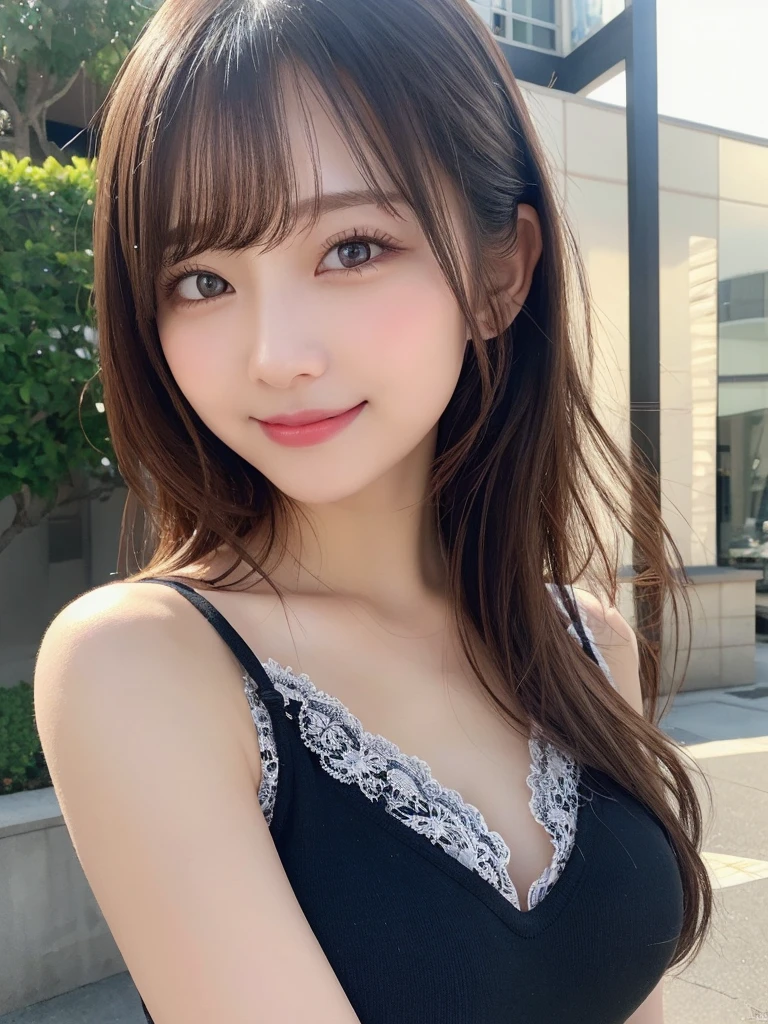 masutepiece, Best Quality, Illustration, Ultra-detailed, finely detail, hight resolution, 8K Wallpaper, Perfect dynamic composition, Beautiful detailed eyes, Women's Fashion Summer,Medium Hair,Small breasts natural color lip, Bold sexy poses,Smile,Harajuku、20 years girl、Cute、Sexy shot looking at camera