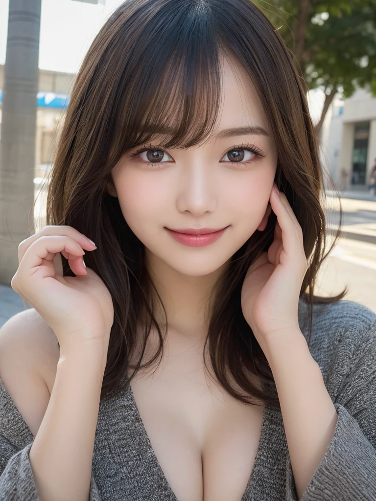 masutepiece, Best Quality, Illustration, Ultra-detailed, finely detail, hight resolution, 8K Wallpaper, Perfect dynamic composition, Beautiful detailed eyes, Women's Fashion Summer,Medium Hair,Small breasts natural color lip, Bold sexy poses,Smile,Harajuku、20 years girl、Cute、Sexy shot looking at camera