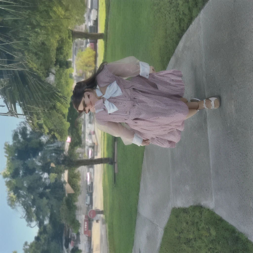 there is a woman standing on the sidewalk in a pink dress, whole body wide shot, whole body in view, very low quality image, wearing 10s era clothes, Old dress, outfit photo, front side full, dressed like in the 1940s, It is cute, whole body picture, outdoor photo, whole body!