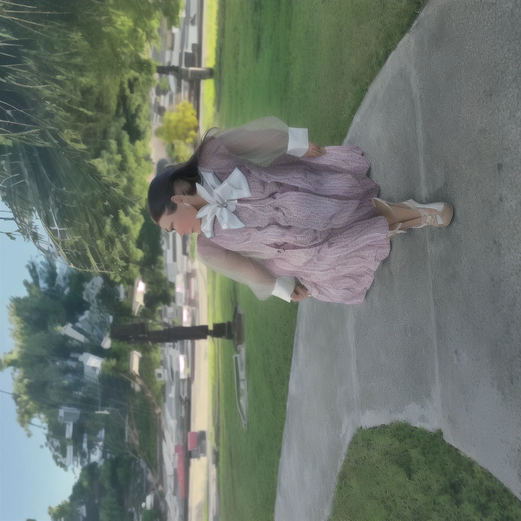 there is a woman standing on the sidewalk in a pink dress, whole body wide shot, whole body in view, very low quality image, wearing 10s era clothes, Old dress, outfit photo, front side full, dressed like in the 1940s, It is cute, whole body picture, outdoor photo, whole body!