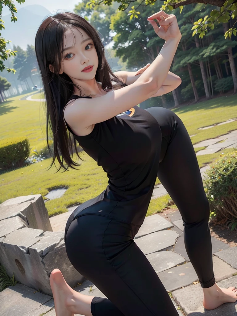 girl, blue eyes,from head to foot,Standing frontally, (Smile), (Minatosaki Akina), (wide hips), big deal , (big ass), (best quality, 8k, masterpiece: 1.3), perfect hands, clear focus: 1.2, perfect body beautiful: 1.4, Highly detailed facial and skin textures, delicate eyes, double eyelids, red lips, (black long straight hair :1.2), (Grey t-shirt), (yoga pants), (Permanently installed), (dynamic poses), some forest in wile island fields in background