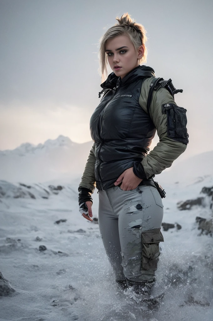 masterpiece, portrait of a beautiful  Norwegian girl in a post-apocalyptic frozen desert, Punk blonde with short hair, shaved on the sides, grey-blue eyes, very pale skin, highly detailed skin, Cool face, Tense face, Dramatic face, Hard Face, wearing dirty white military pants, wear a white and gray military scarf, wear a winter camouflage military vest in gray and white, wear punk style jewelry, Viking tattoos on skin, Cool Girl, The Killer Girl, Wild Girl, postapocalyptic style, RAW, dramatic lighting, threatening the Scandinavian skies, 8 k, Ultra high resolution.Photorealistic, uhd, First phase of XF IQ4, 150 MP, post-apocalyptic frozen snowy fjord landscape in the background, dirt, dust, rumbles, wreckage, action pose, (Mad Max movie atmosphere:1.2)