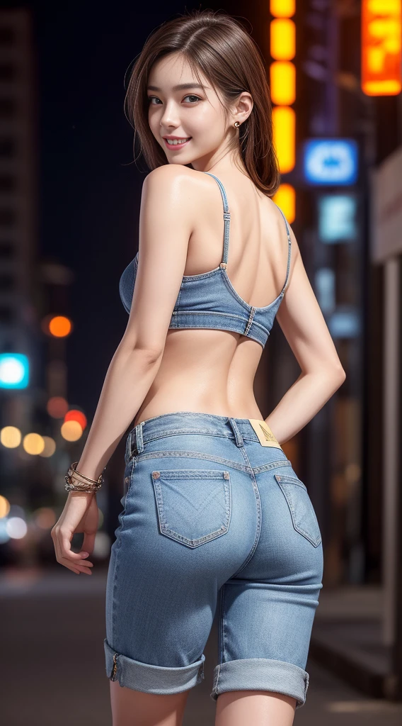 8K, masutepiece, Raw photo, Best Quality, Photorealistic, Highly detailed CG Unity 8k wallpaper, depth of fields, Cinematic Light, Lens Flare, Ray tracing, (Extremely beautiful face, Beautiful lips, Beautiful eyes), intricate detail face, ((Ultra detailed skin)) 1girl in, In the Dark, deepshadow, Pretty Korean girl, Kpop Idol, 1 girl, (Very slim and slender fit muscular body:1.3), ((Looking at Viewer)),(Big smile:1.3), (Fashion City Night, a dark night, (Neon sign), (Blurred background), Fashion Street Night),(No people in the background:1.3), Beautiful earrings, Bracelets, Necklace, pantyhose, Clear eyes, Walking, (pale skin), (Big eyes), Face forward, (Brown hairs), (Full body shot), ((Sportsbra)), (()), , (Looking at Viewer:1.3) opened breast, Very slim, medium breasts, backtrack, (Back shot), ass forcus, Before the eyebrows,(((denim short pants))), thick thighs