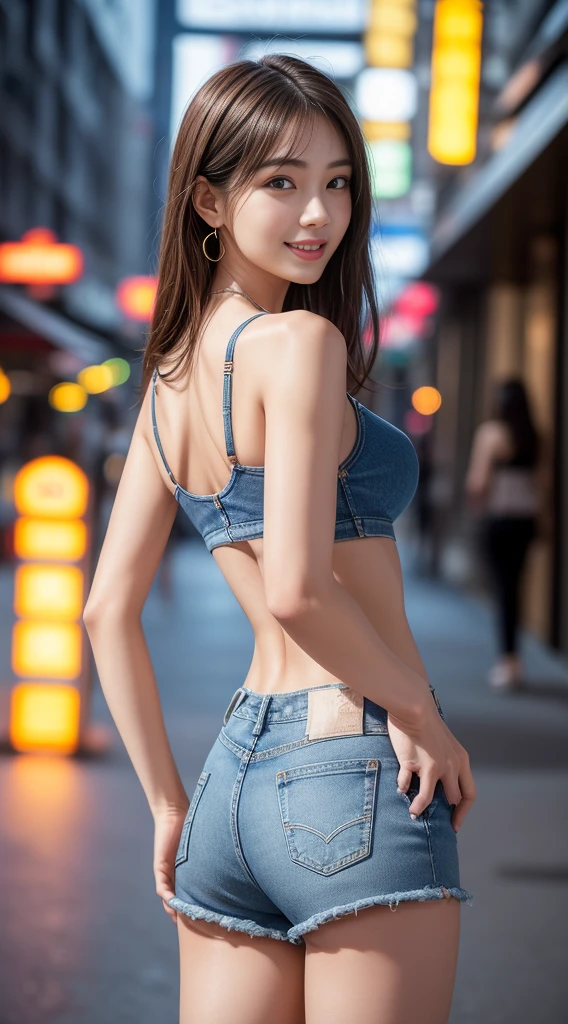 8K, masutepiece, Raw photo, Best Quality, Photorealistic, Highly detailed CG Unity 8k wallpaper, depth of fields, Cinematic Light, Lens Flare, Ray tracing, (Extremely beautiful face, Beautiful lips, Beautiful eyes), intricate detail face, ((Ultra detailed skin)) 1girl in, In the Dark, deepshadow, Pretty Korean girl, Kpop Idol, 1 girl, (Very slim and slender fit muscular body:1.3), ((Looking at Viewer)),(Big smile:1.3), (Fashion City Night, a dark night, (Neon sign), (Blurred background), Fashion Street Night),(No people in the background:1.3), Beautiful earrings, Bracelets, Necklace, pantyhose, Clear eyes, Walking, (pale skin), (Big eyes), Face forward, (Brown hairs), (Full body shot), ((Sportsbra)), (()), , (Looking at Viewer:1.3) opened breast, Very slim, medium breasts, backtrack, (Back shot), ass forcus, Before the eyebrows,(((denim short pants))), thick thighs