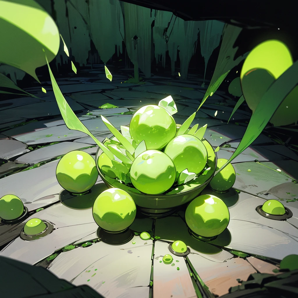 Radiactive ambient, Green Crystals, Cave, Green poisonous puddles, Cracked Floor